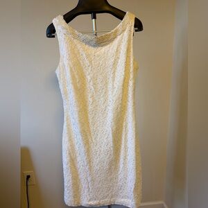 Ivory Lace Knee Length Dress with Jeweled Neckline Sz 16